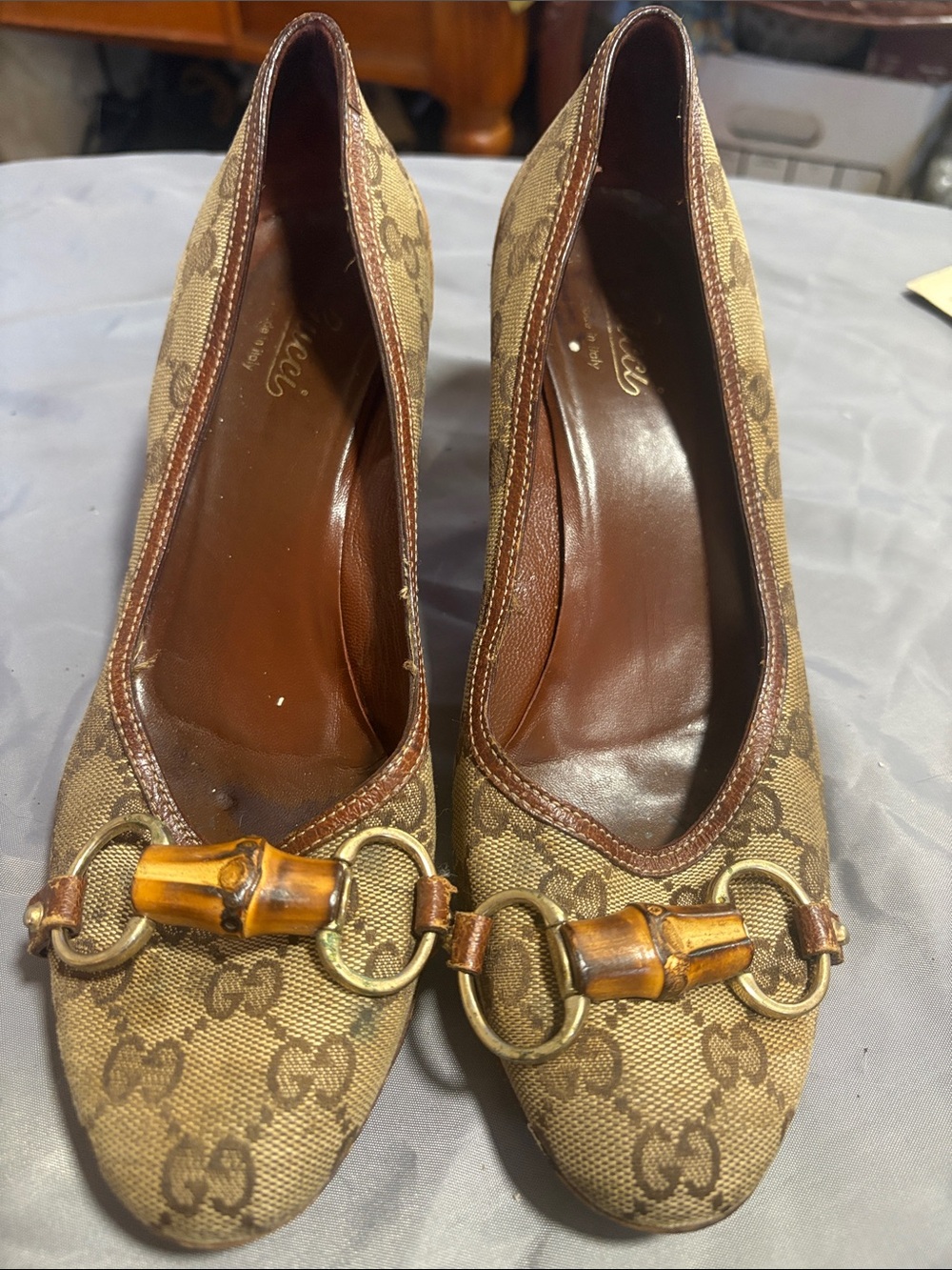 Gucci Brown Beige GG Canvas Bamboo Bit Heels